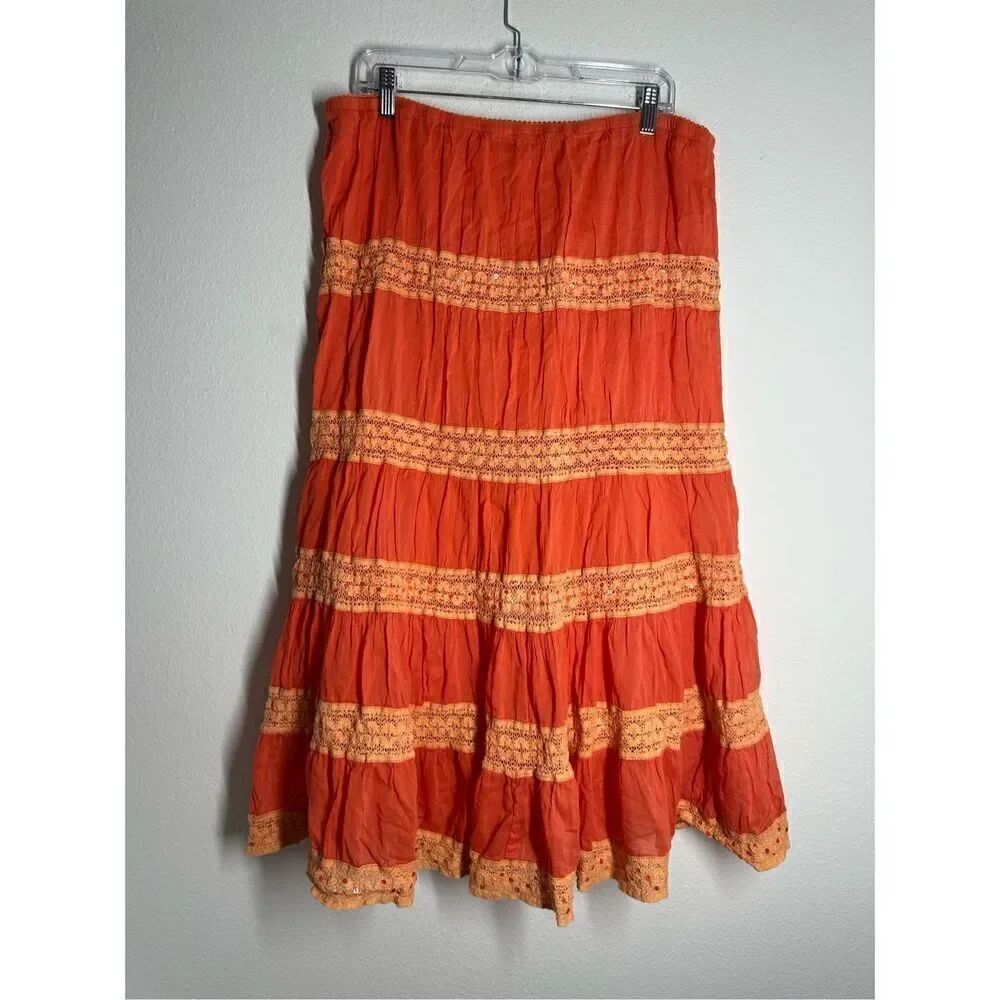 Allison Brittney Bohemian Flowy Skirt Sequins Lace Trim Orange Sz 14/16W Cotton